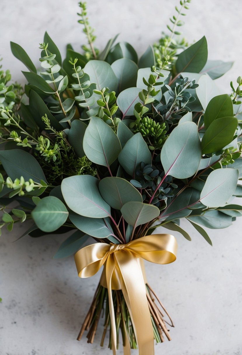 A vibrant bouquet of eucalyptus leaves and gold ribbons, tied together in a lush and elegant arrangement