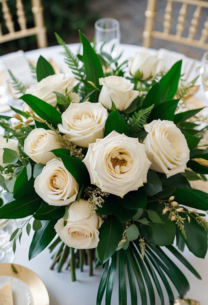 A lush bouquet of ivory roses and emerald green leaves, accented with touches of gold, creates a stunning wedding centerpiece