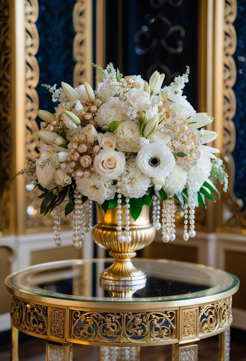 A lavish bouquet of white and gold flowers, accented with pearls and crystals, sits atop a gilded table adorned with intricate arabesque patterns