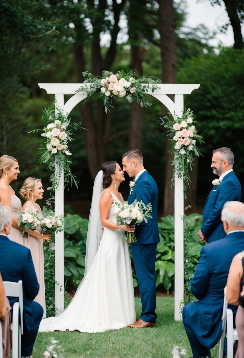 A small, intimate outdoor wedding ceremony with a simple archway adorned with flowers, surrounded by lush greenery and a few close family members