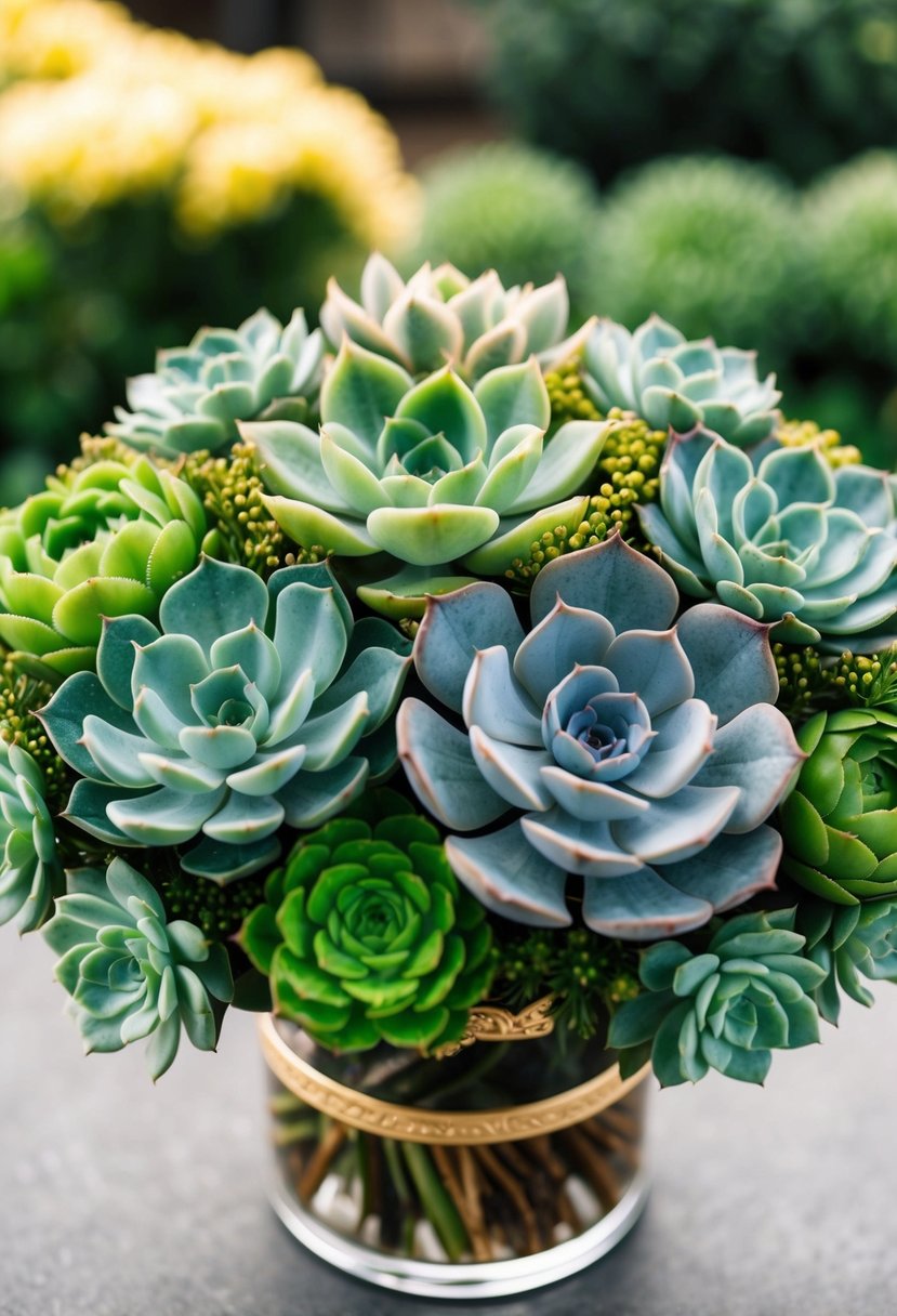 A lush bouquet of succulents in various shades of green, accented with delicate gold trim