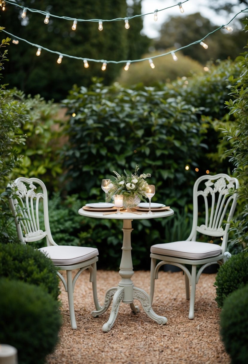 A cozy outdoor garden setting with a small, elegantly decorated table surrounded by twinkling lights and surrounded by lush greenery