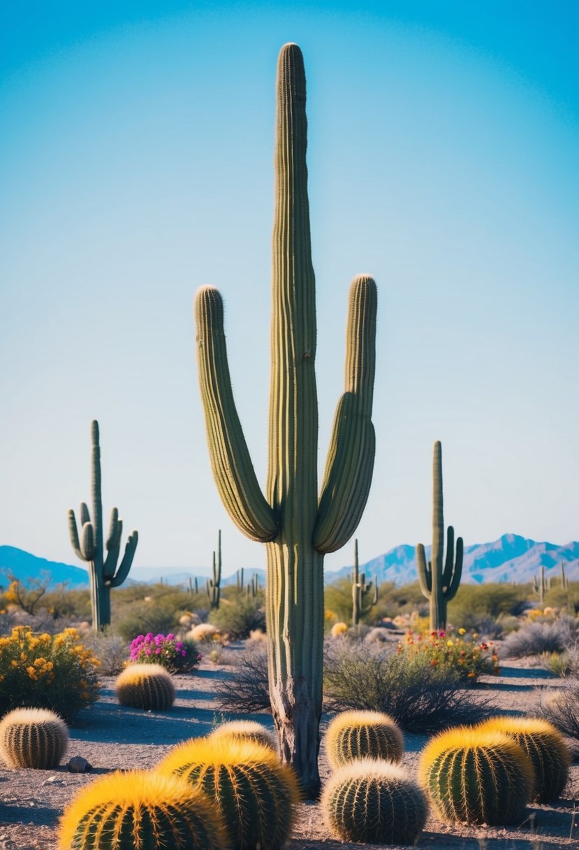 A desert landscape with colorful cacti and wildflowers in bloom, set against a bright blue sky