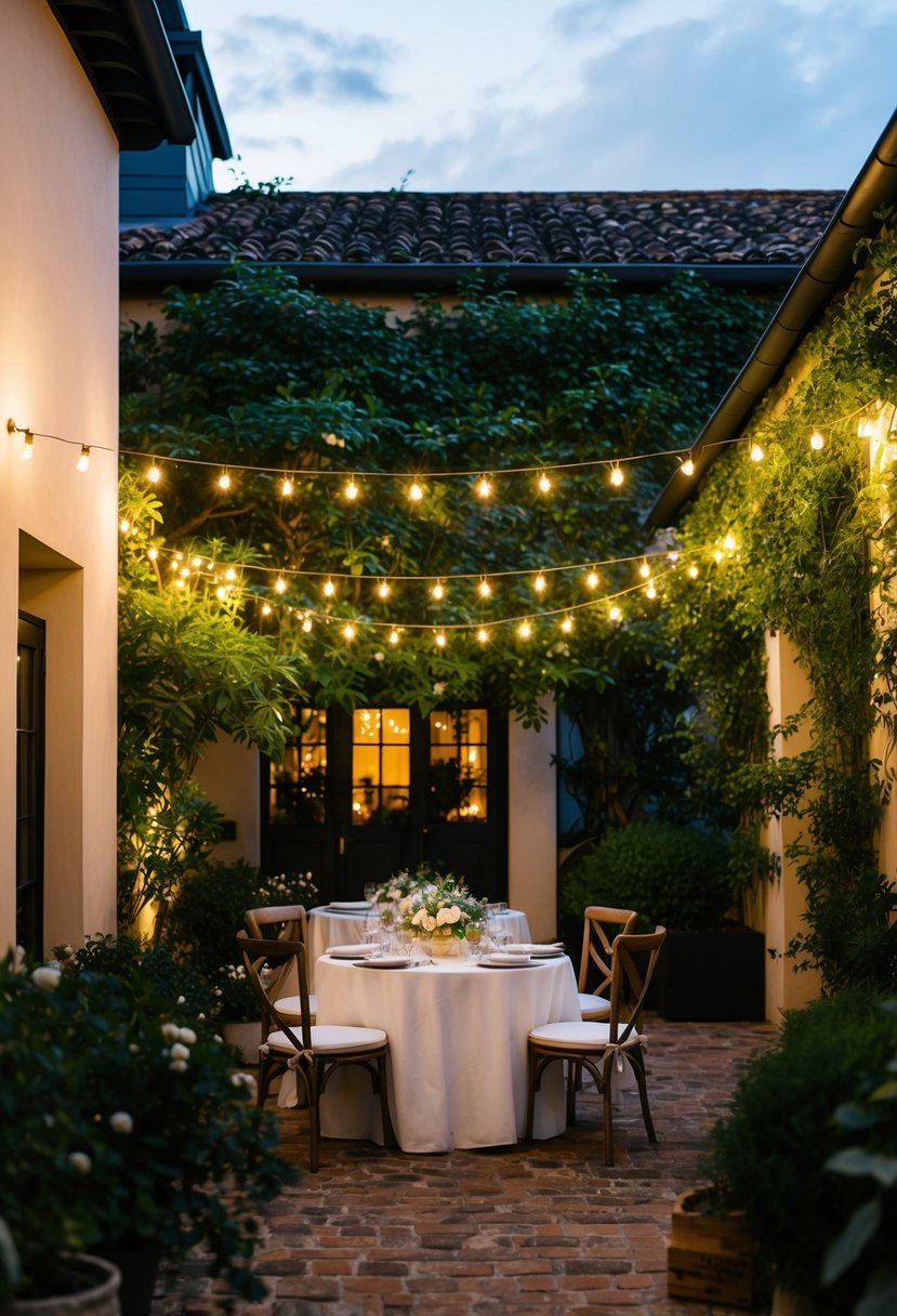 A cozy courtyard with twinkling lights, lush greenery, and intimate seating for a small wedding celebration