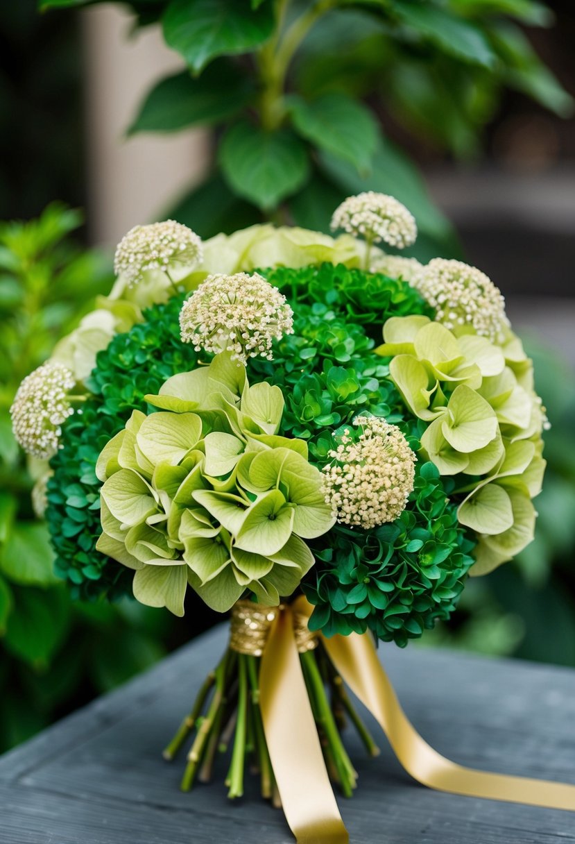 A lush bouquet of emerald green hydrangeas and delicate gold babysbreath, tied with a shimmering gold ribbon