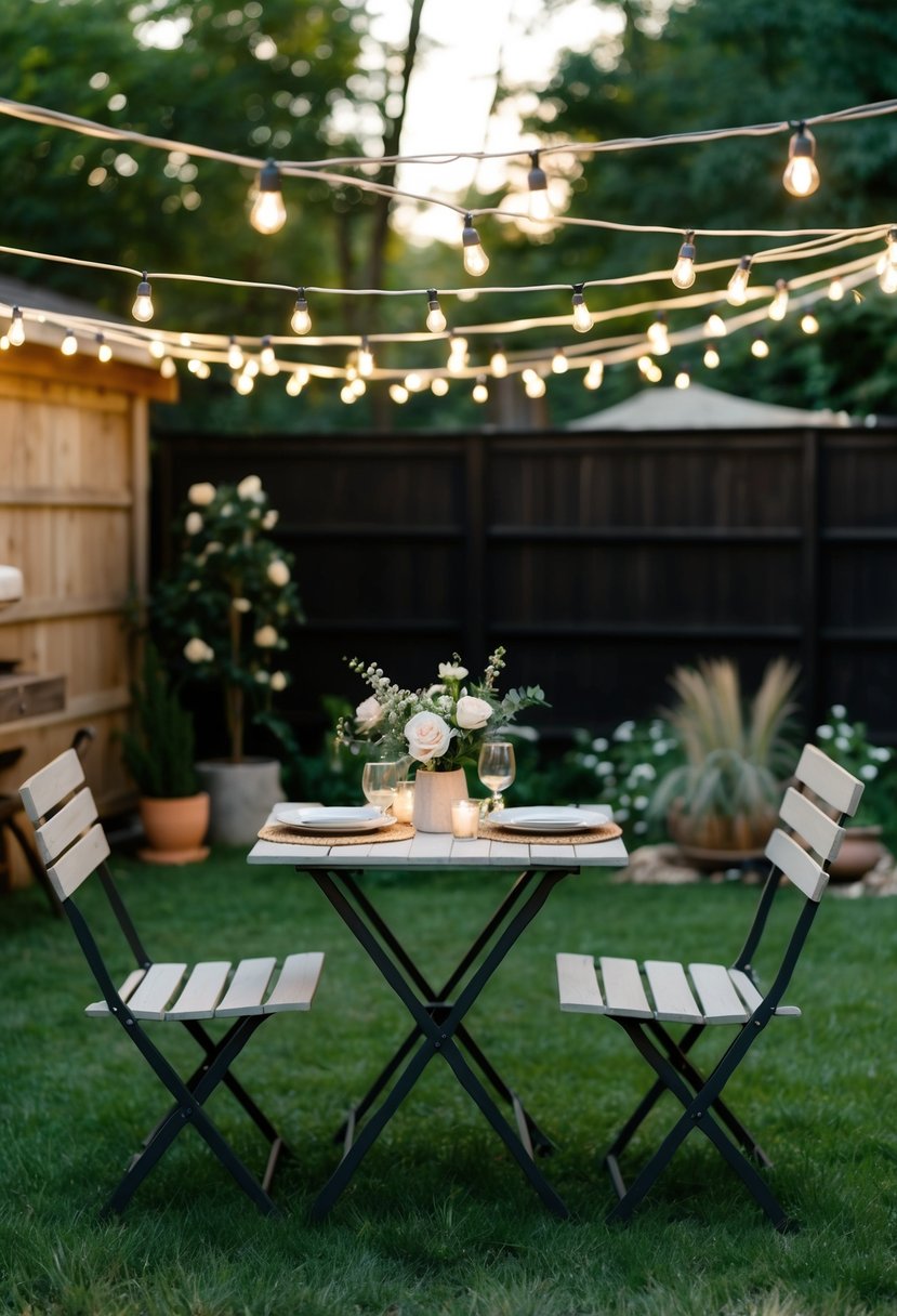 A cozy backyard setup with string lights, simple floral arrangements, and a small table for intimate dining