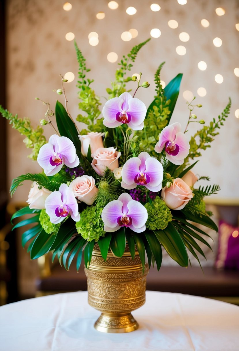 A luxurious bouquet of orchids, roses, and greenery arranged in a traditional khaleeji style