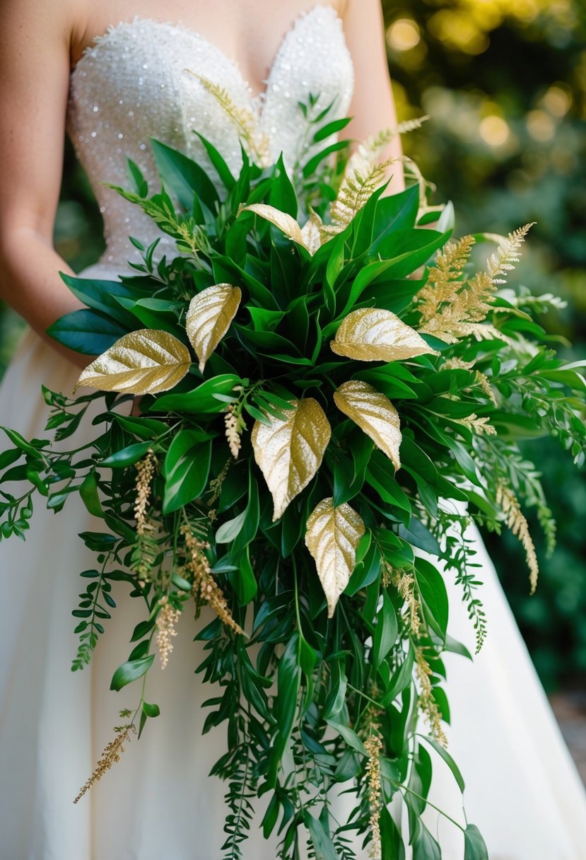 Lush green foliage cascades with shimmering gold leaves, creating a stunning wedding bouquet inspiration