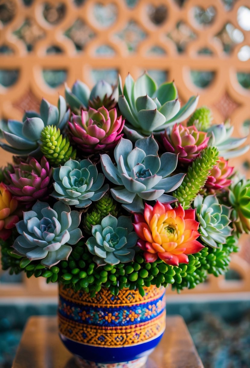 A bouquet of vibrant succulents arranged in a traditional Gulf-inspired style, featuring rich colors and intricate patterns