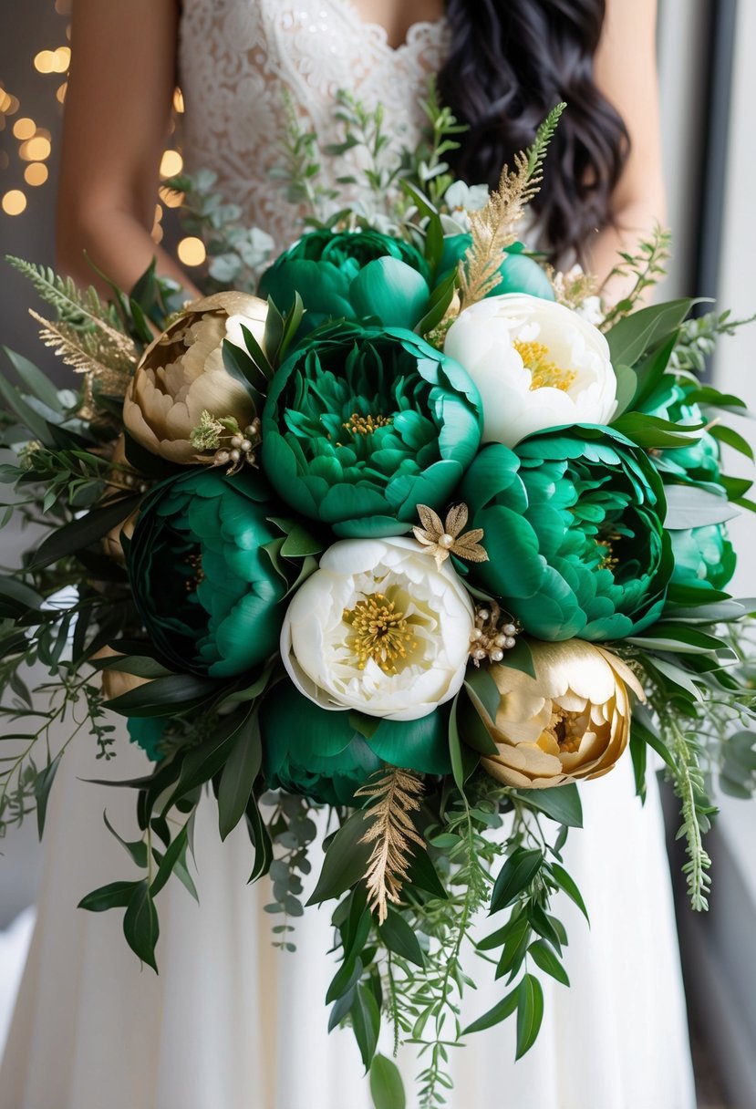 Emerald green and gold silk peonies arranged in a cascading wedding bouquet, with delicate gold accents and lush greenery