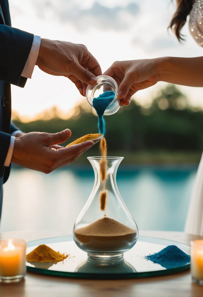 A couple pouring different colored sands into a single vessel during their intimate micro wedding ceremony