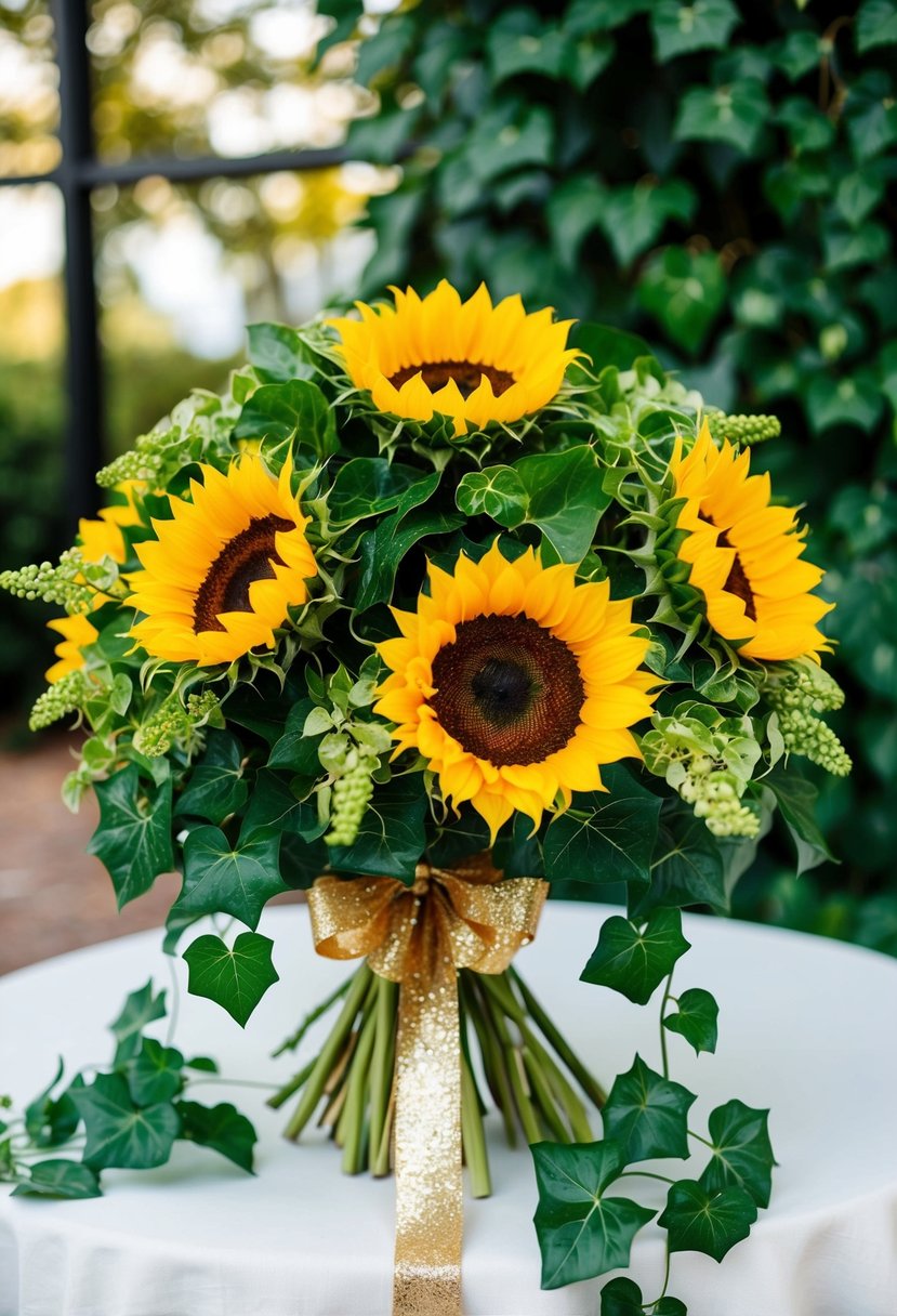 A lush bouquet of golden sunflowers and emerald green ivy, tied with a shimmering gold ribbon