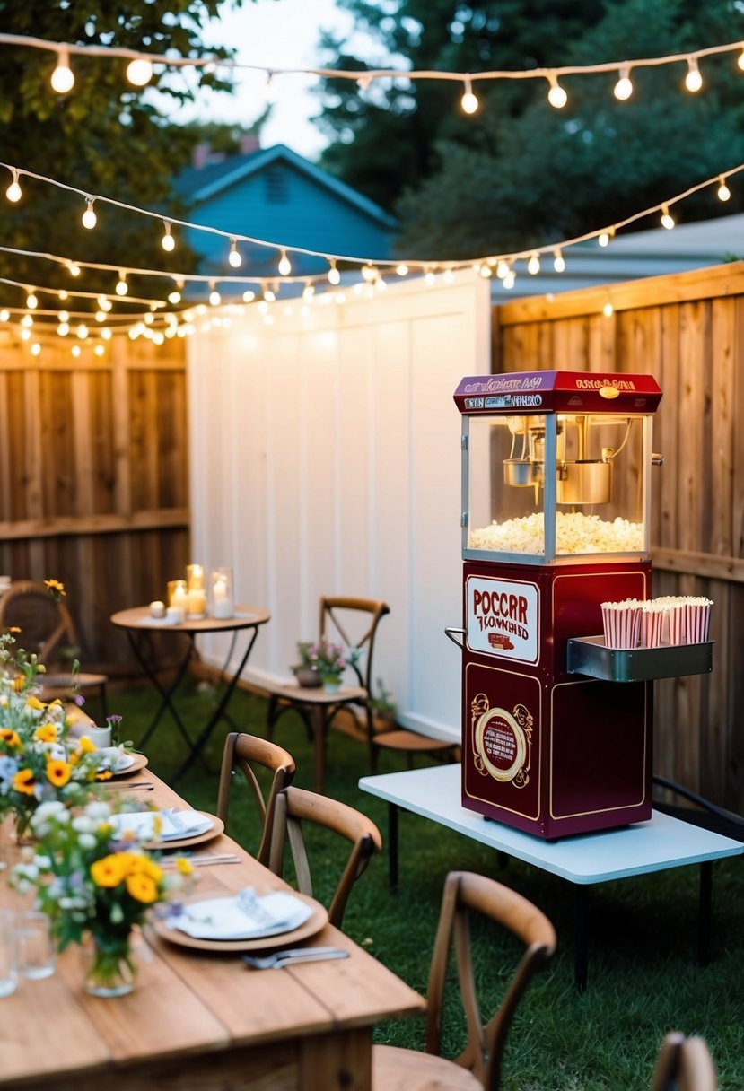 A cozy backyard with fairy lights, a small stage, and a vintage popcorn machine. Tables adorned with wildflowers and candles