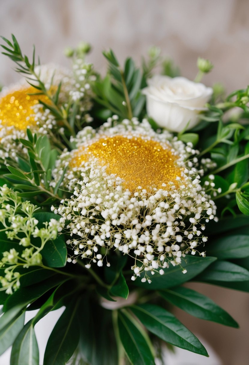 Golden dust sprinkled on delicate baby's breath and lush greenery, creating a stunning wedding bouquet