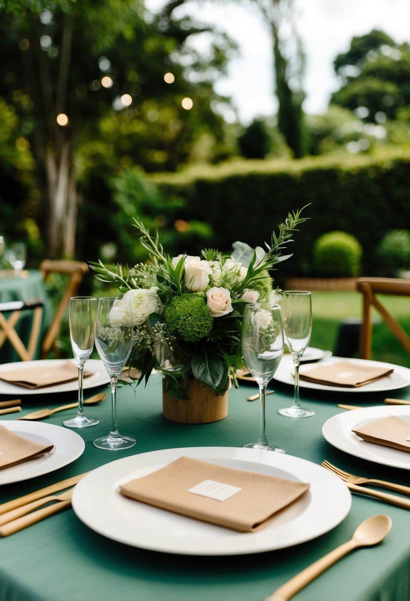 A lush garden setting with bamboo utensils, reusable plates, and compostable decorations at an intimate outdoor wedding