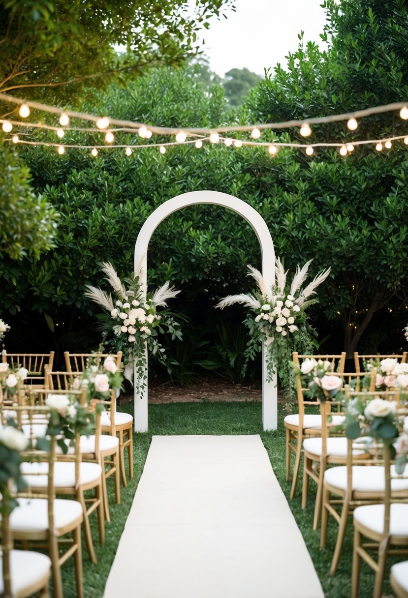 A small outdoor ceremony with a simple arch, surrounded by lush greenery and twinkling fairy lights. Tables are set with elegant place settings and floral centerpieces