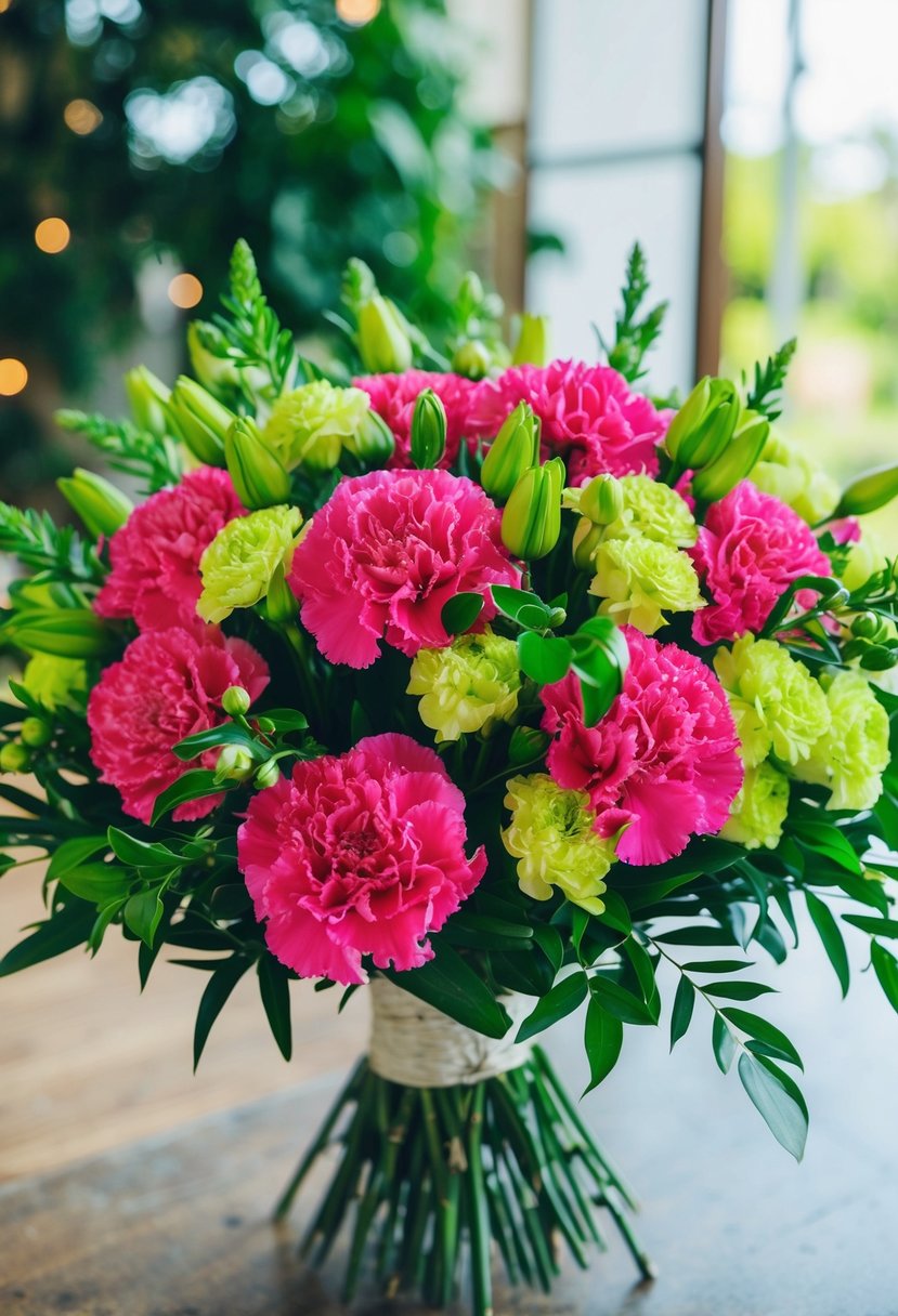 A vibrant bouquet of khaleeji wedding flowers bursts with lively carnations and lush greenery