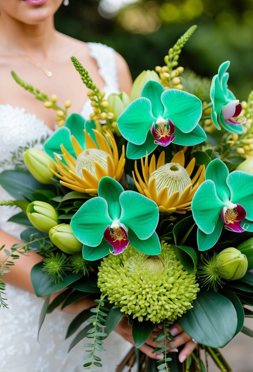 Emerald green orchids and golden protea arranged in a lush wedding bouquet