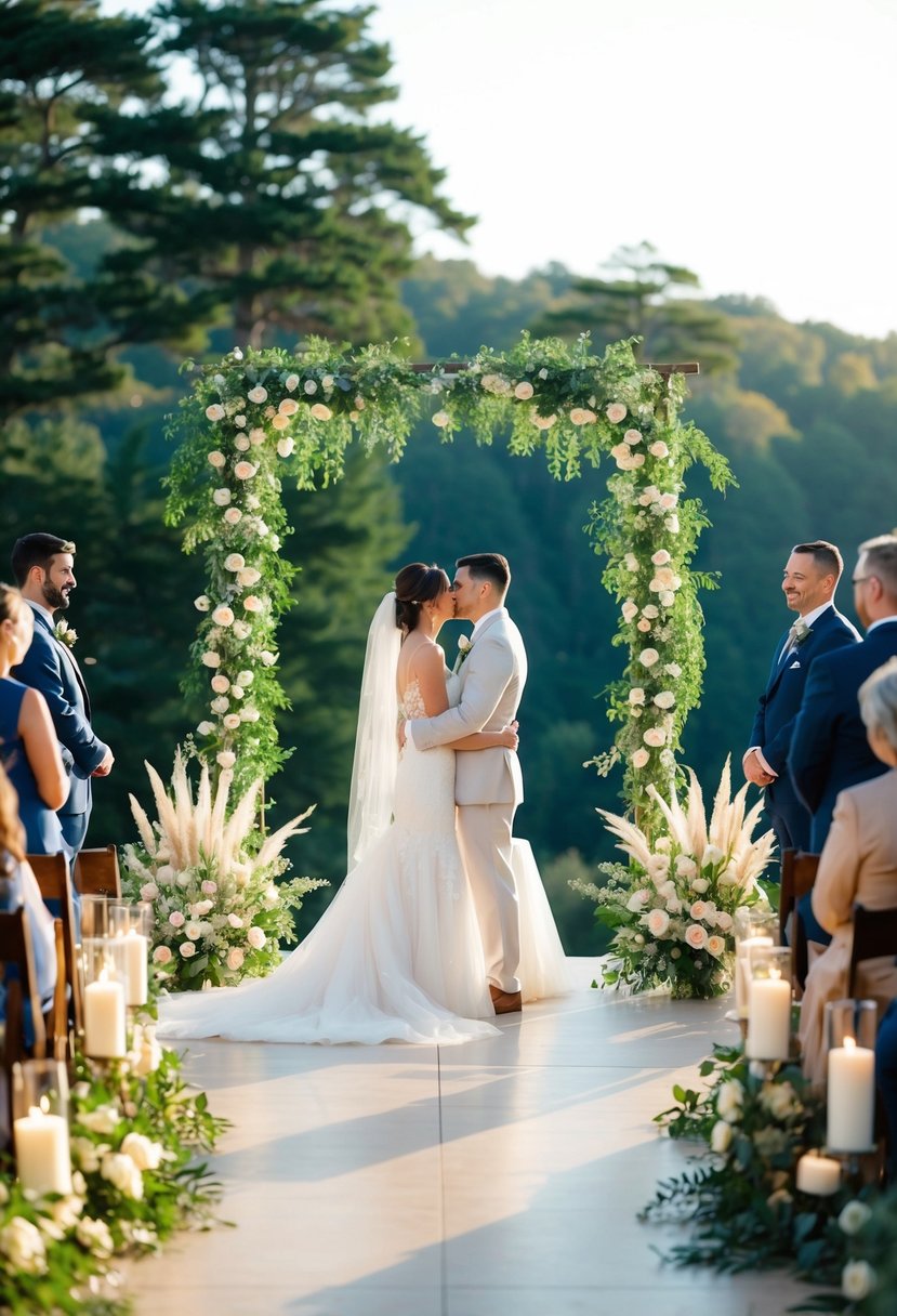 A beautifully decorated intimate wedding ceremony with a stunning backdrop of nature and soft, romantic lighting