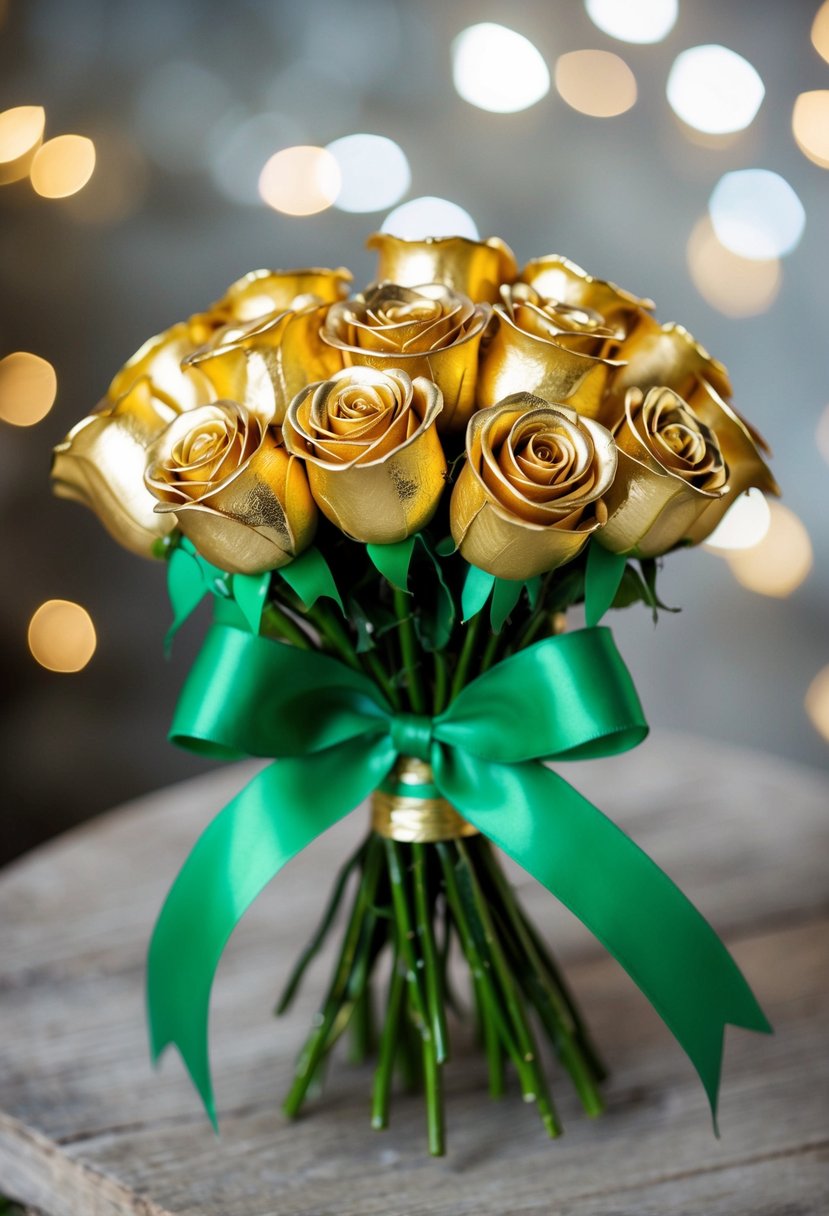 A cluster of gold-dipped roses tied with green ribbons, arranged in a bouquet