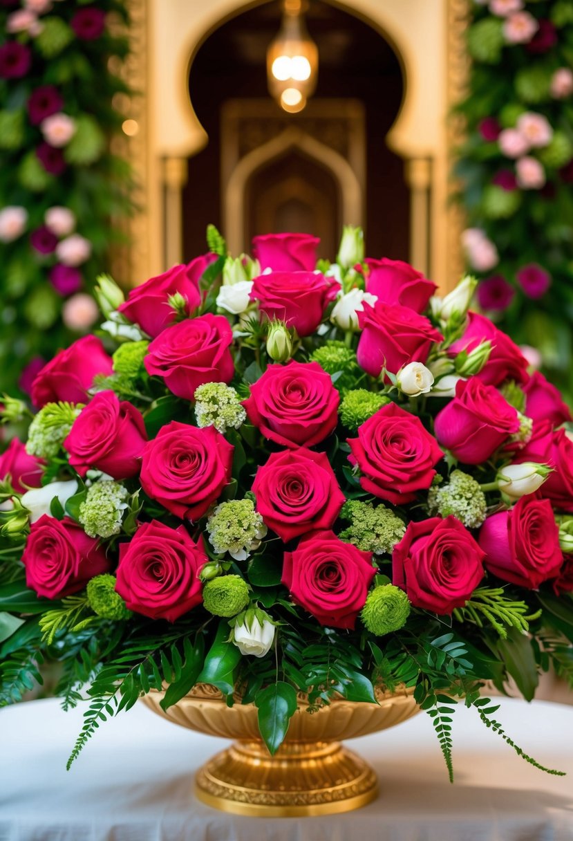 A luxurious bouquet of vibrant roses and lush greenery arranged in an opulent, traditional khaleeji style