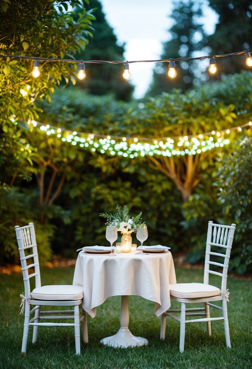 A cozy outdoor setting with a small, elegantly decorated table for two, surrounded by twinkling lights and lush greenery