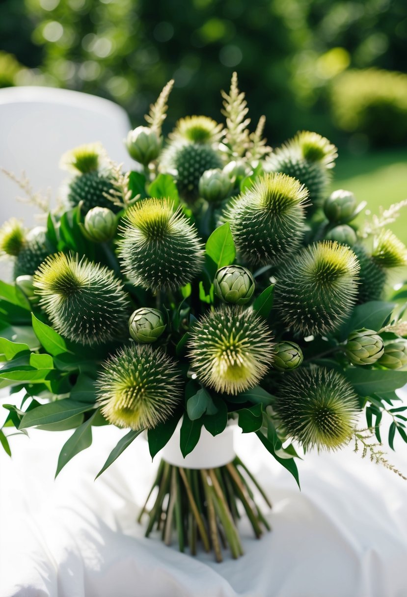 A lush bouquet of green thistles with delicate gold spray accents, creating a stunning and elegant wedding bouquet