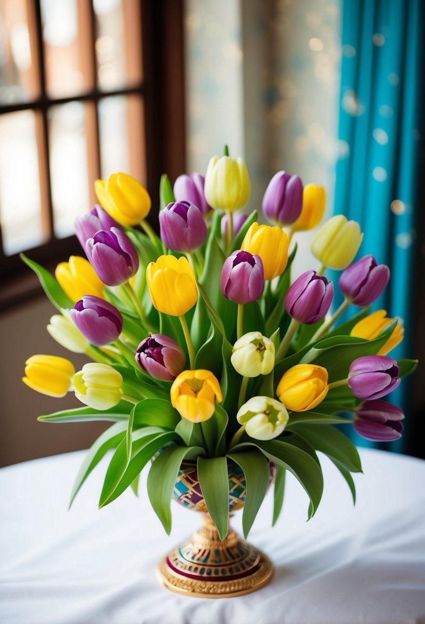 A colorful arrangement of whimsical tulips in a traditional khaleeji wedding bouquet