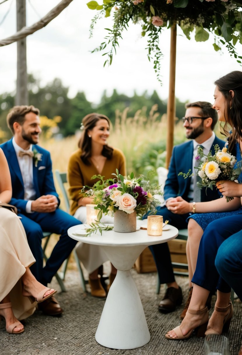 A cozy outdoor setting with a small table adorned with locally-sourced flowers and decor. A couple and a few guests enjoy an intimate micro wedding ceremony