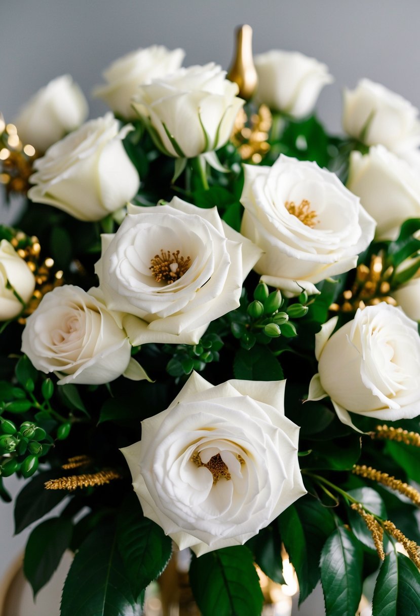 A lush bouquet of white roses with green and gold accents