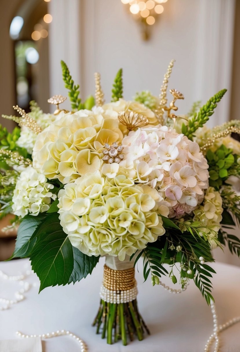 A lavish khaleeji wedding bouquet with vibrant hydrangeas and delicate greenery, accented with luxurious gold and pearl details