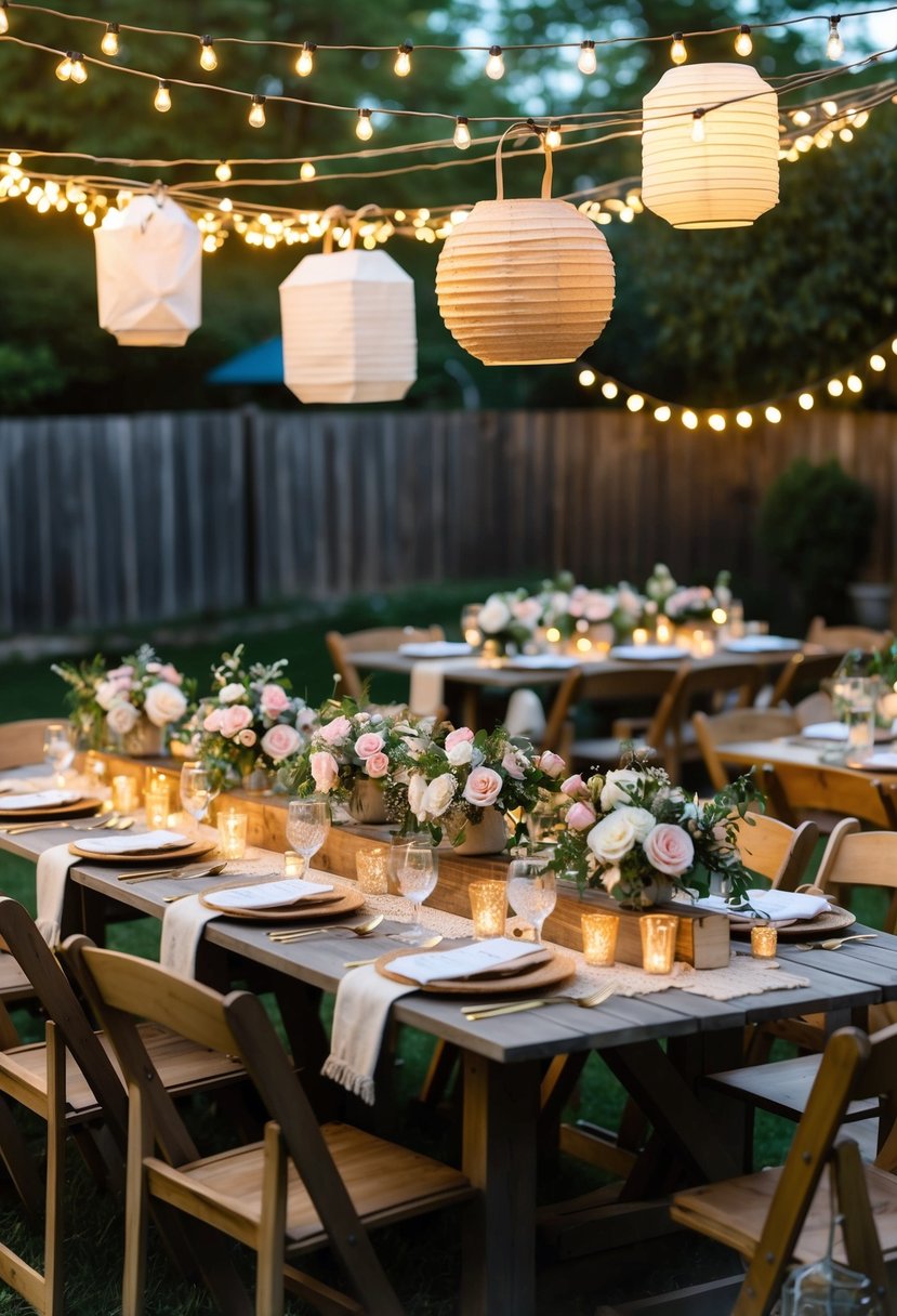 A cozy backyard with twinkling string lights, handmade paper lanterns, and rustic wooden signs. Tables adorned with DIY floral centerpieces and personalized place settings