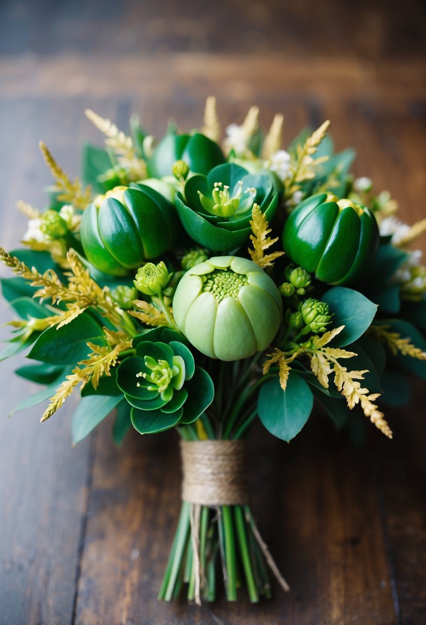 Emerald hellebores and gold hemp tied in a lush wedding bouquet