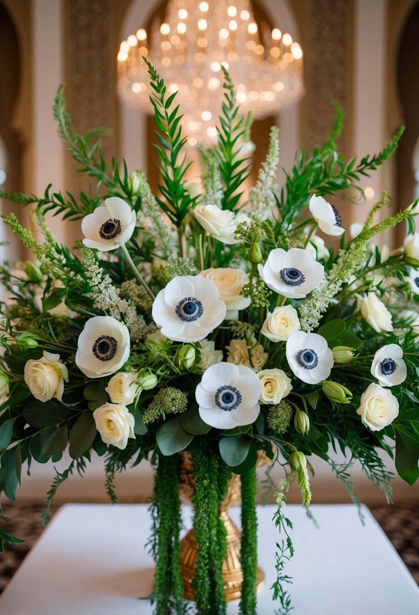 An elaborate bouquet of anemones and arabesque-inspired greenery, accented with traditional khaleeji wedding elements