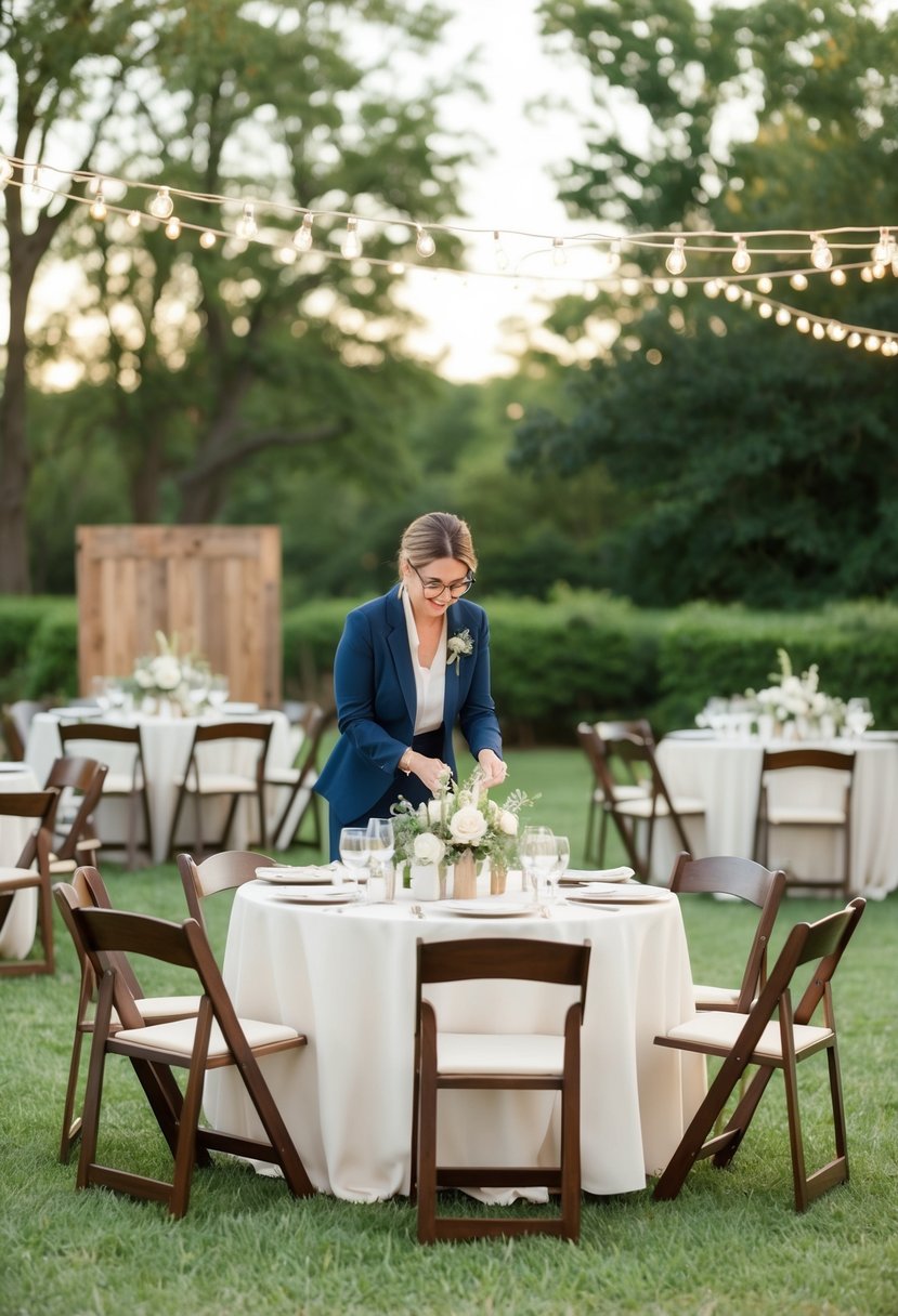 A day-of coordinator overseeing a micro wedding setup with tables, chairs, and decor in an intimate outdoor setting