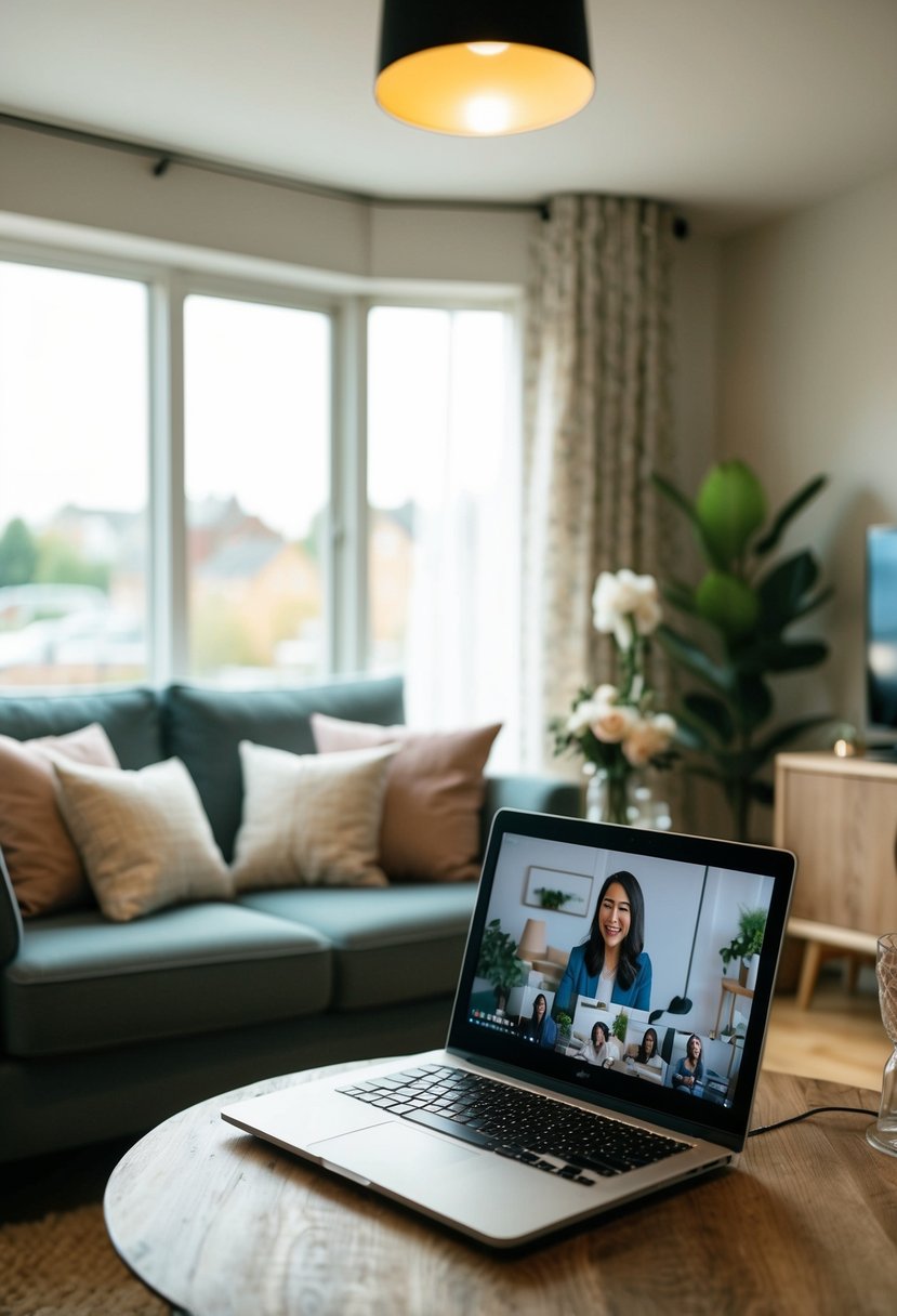 A cozy living room with a small wedding setup, including a laptop showing a live-stream of a micro wedding tips session