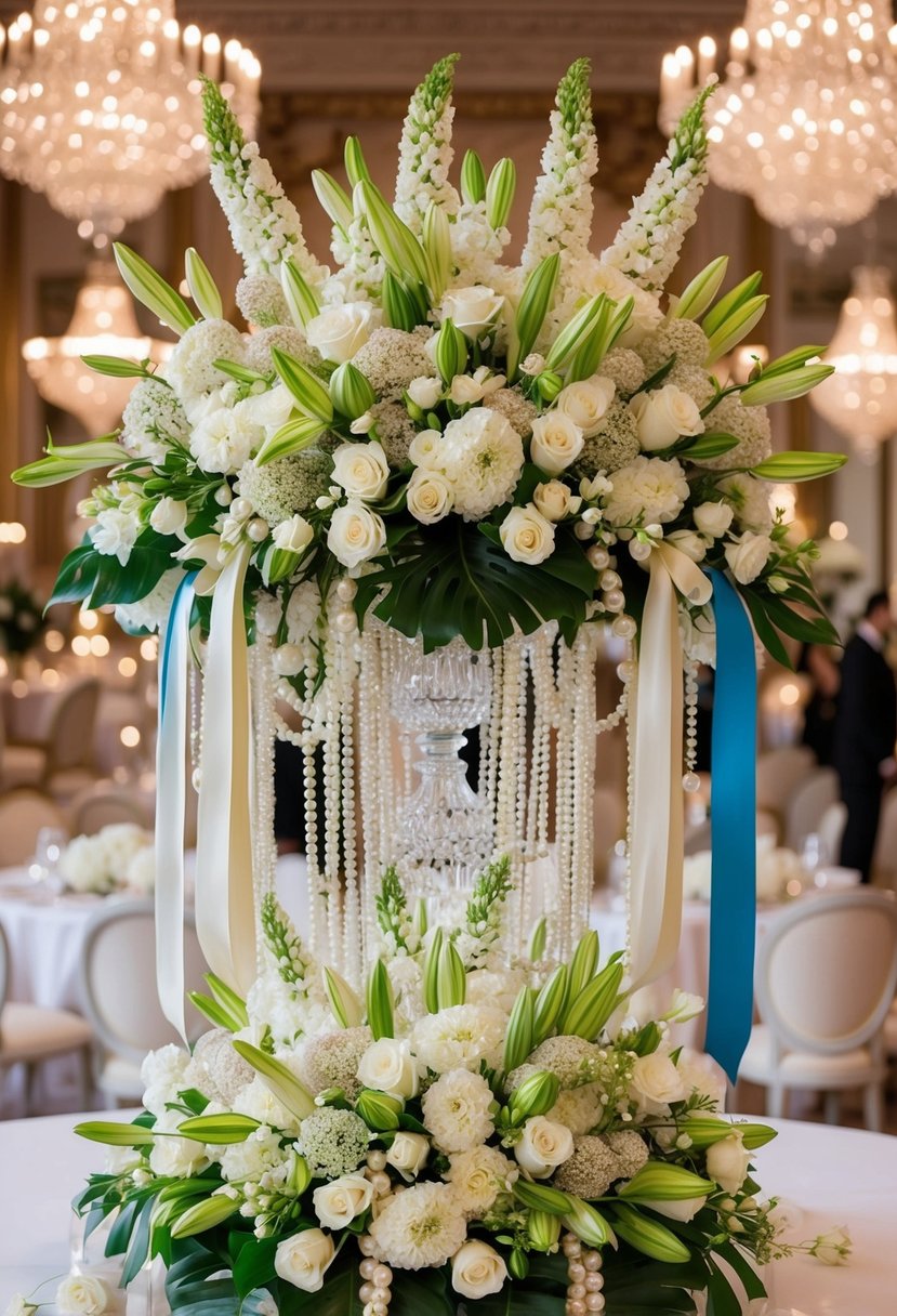 An opulent mix of jasmine and khaleeji wedding bouquet, adorned with luxurious ribbons and pearls, arranged in a lavish display