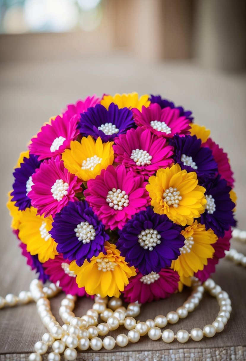 A bouquet of vibrant khaleeji flowers with embedded pearls, arranged in a cascading style