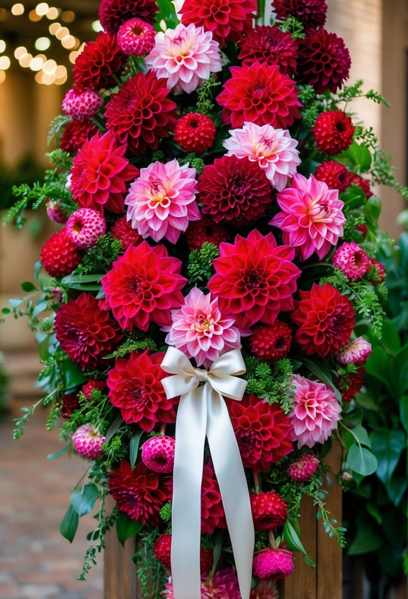 A vibrant bouquet of red and pink dahlia flowers arranged in a cascading display, accented with lush greenery and tied with a luxurious ribbon