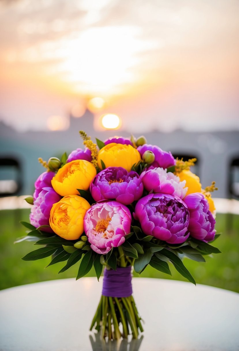 A vibrant bouquet of peonies in shades of sunset, arranged in a khaleeji wedding style