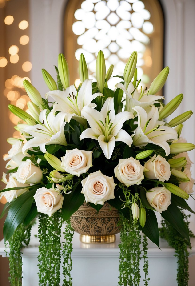 A bouquet of ivory lilies and symphony roses arranged in a khaleeji style with intricate gold accents and cascading greenery