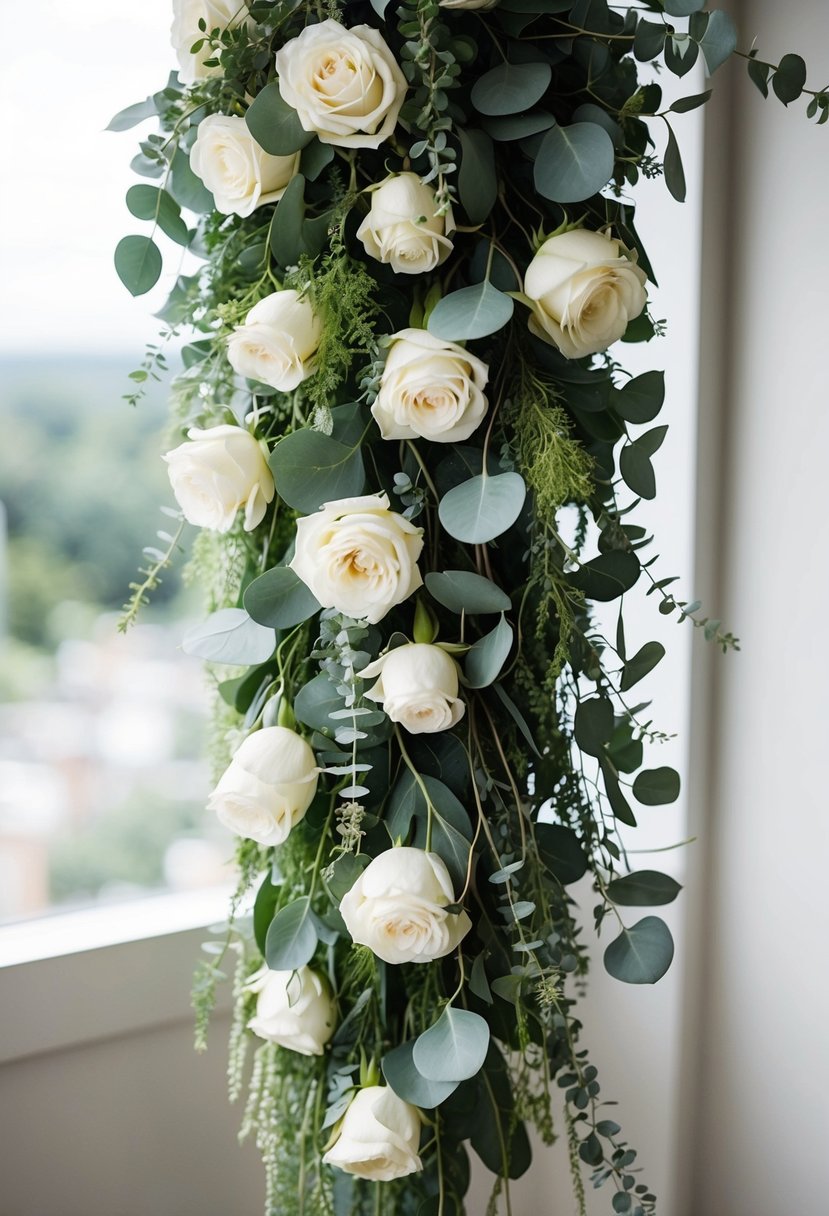 A cascading bouquet of white roses, eucalyptus, and cascading greenery