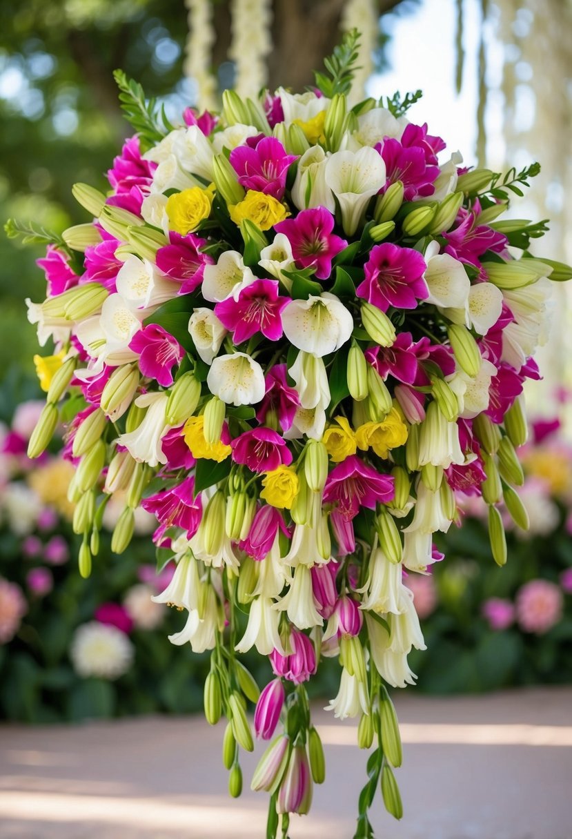 A lush bouquet of cascading Alstroemeria in khaleeji wedding colors