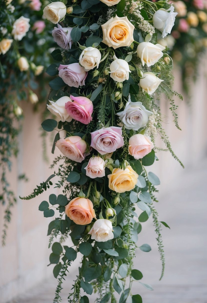 A cascading bouquet of romantic roses in various shades, accented with delicate greenery, flowing gracefully in a gentle breeze