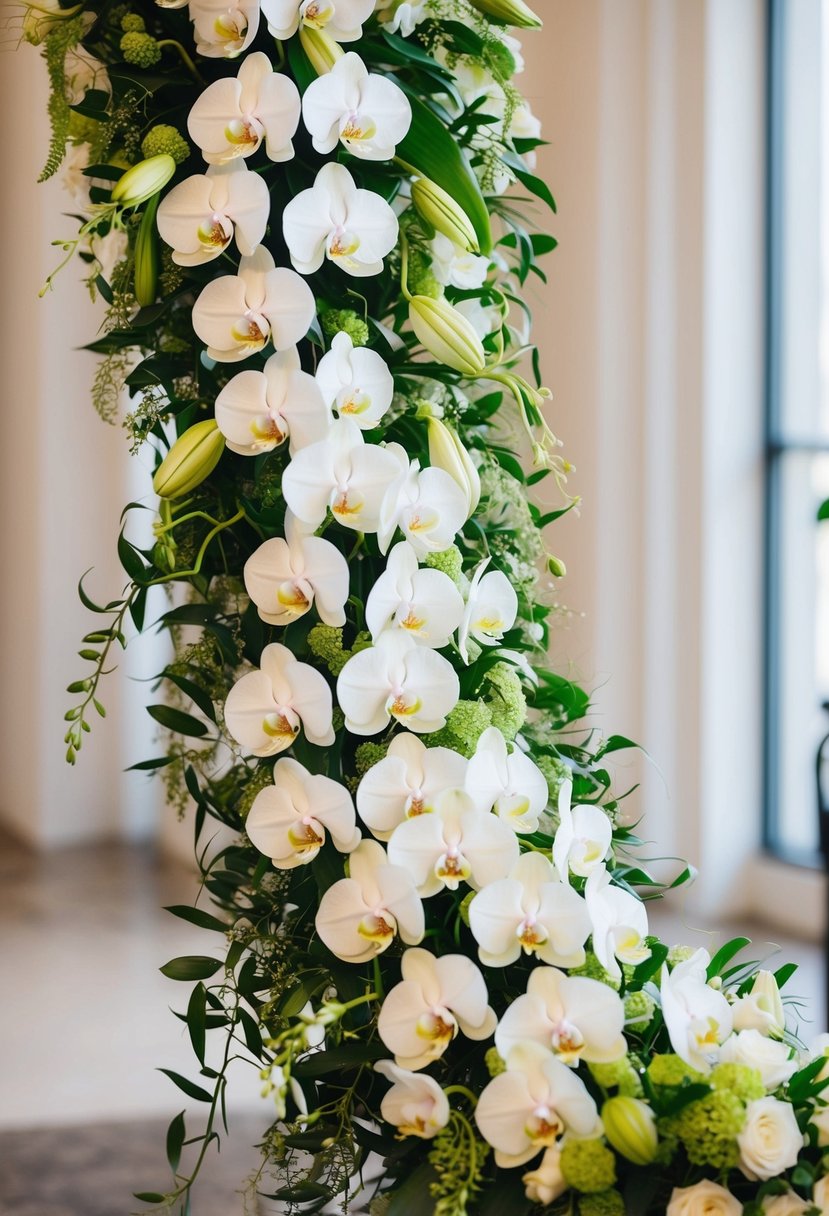 A cascading waterfall of orchids and lilies, intertwined with delicate greenery, creating a long and elegant wedding bouquet