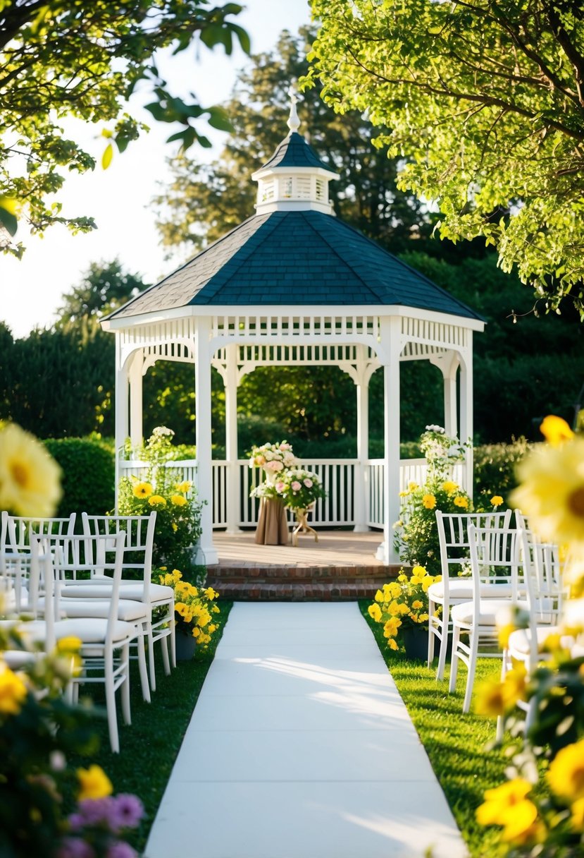 A sunlit garden with blooming flowers, a white gazebo, and elegant outdoor seating for a summer wedding celebration