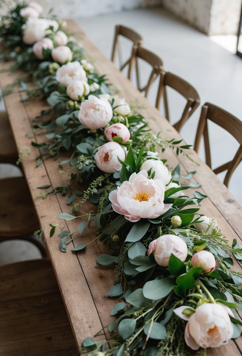 A trail of peonies cascading down a rustic wooden table, interwoven with delicate greenery and tied with a silk ribbon