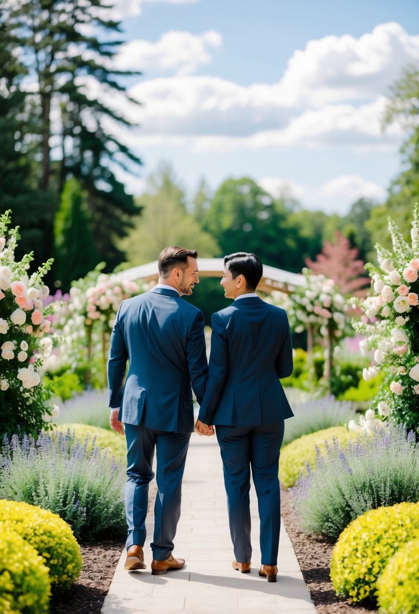 A couple visits a picturesque outdoor wedding venue, surrounded by blooming flowers and lush greenery, as they discuss their summer wedding plans