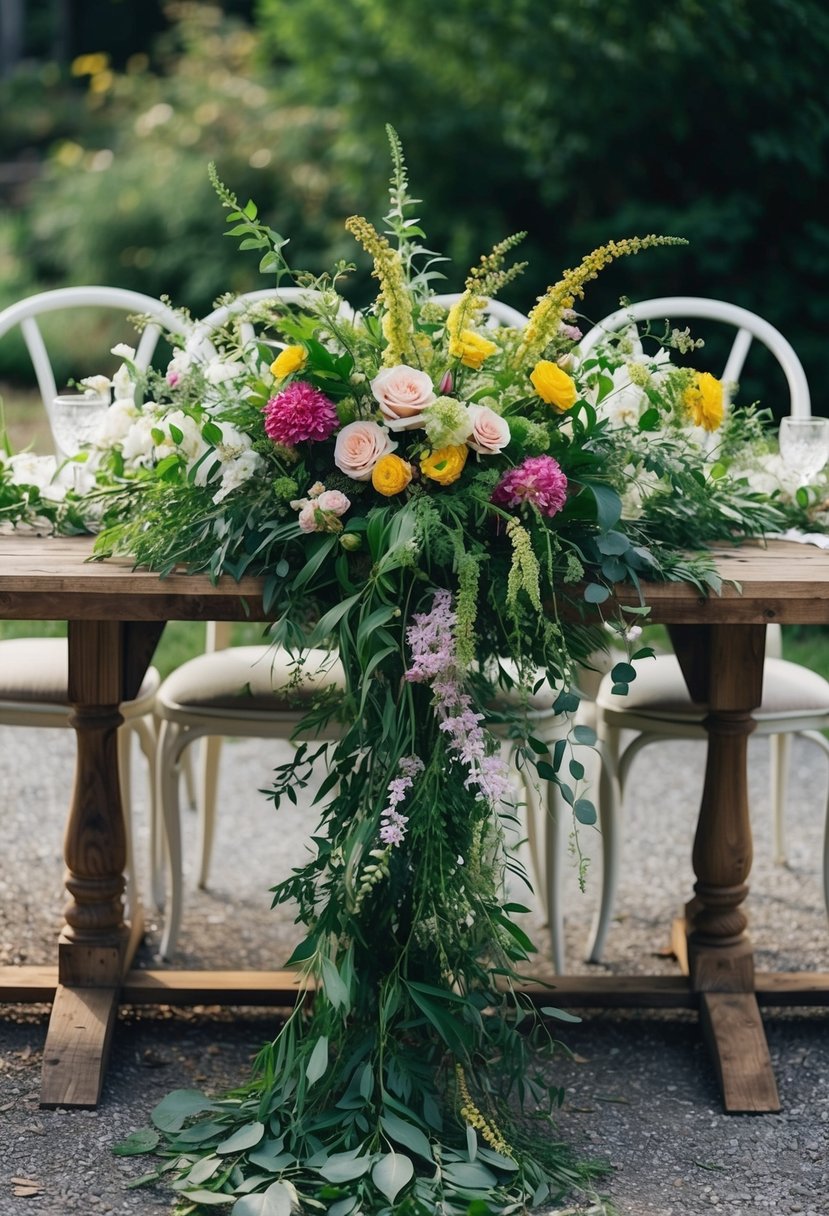 A cascading bouquet of lush greenery and vibrant bohemian flowers spills over a rustic wooden table, creating a whimsical and romantic wedding centerpiece