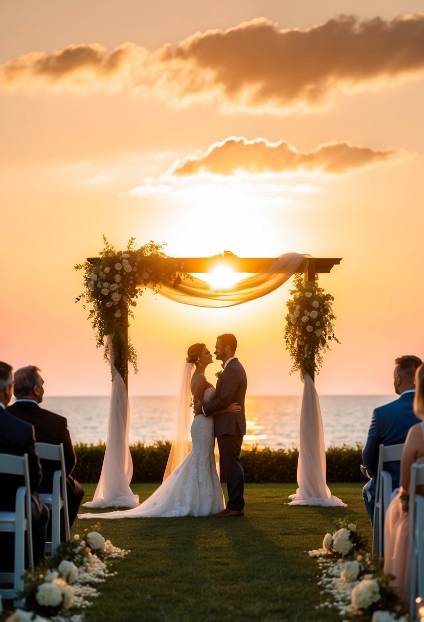 A sun setting over a serene outdoor wedding ceremony, with warm golden light casting a romantic glow on the surroundings